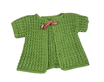 Vintage Handmade Crochet Cardigan | Lime Green Toddler Sweater, Pink Bow (2T)