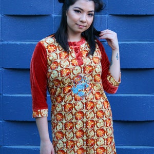 Vintage 70s Orange Velour Psychedelic Print Shift Dress image 5