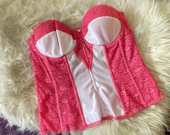 Corsé rosa de encaje blanco estilo hada it girl de los años 20 / talla 40C (tallas equivalentes 38D, 42B)
