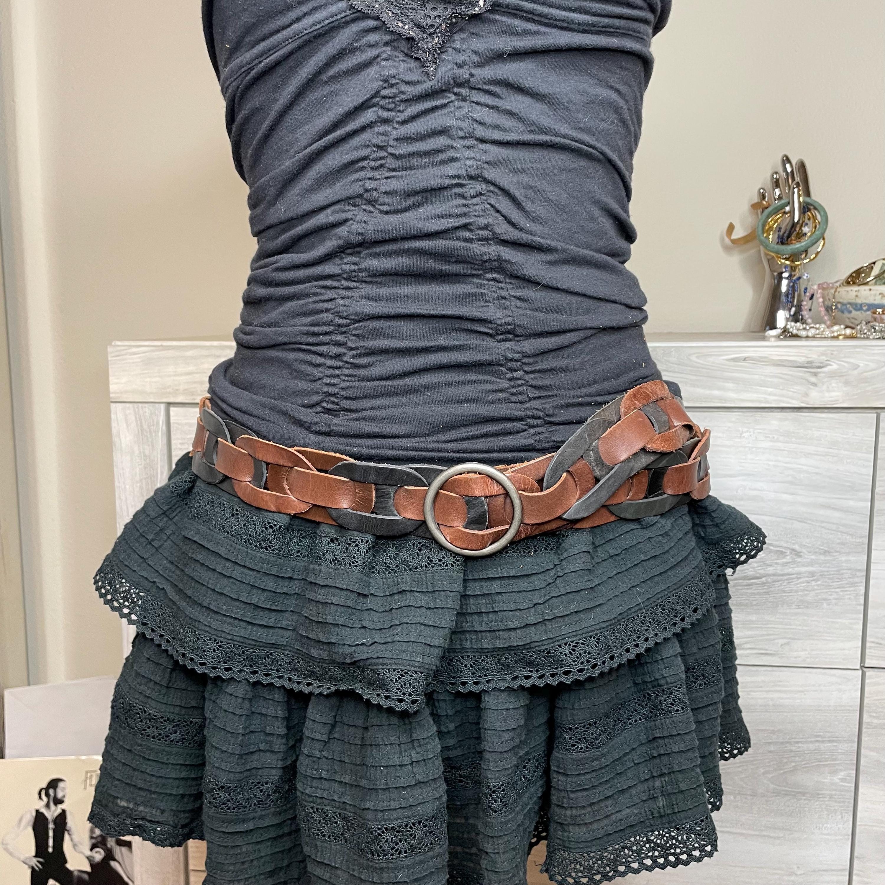 y2k vintage \'06 black and brown genuine leather braided boho belt Chocolate Brown Braided Belt, Vintage Wide Brown Woven  main image 4