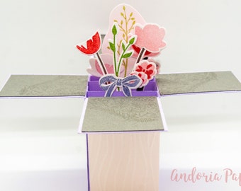 Purple Bouquet Box, Valentine’s, Happy birthday, Happy Anniversary, Mother's Day, Flower Bouquet, Handmade Bouquet, Pop Up Box Card