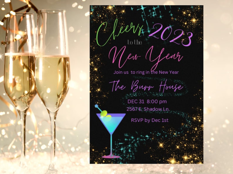 Editable Neon 2023 New Years Eve Invitation Template, New Years Eve