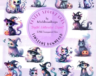 Pastel Goth Halloween Cats: Watercolor Clipart (Digital Image) l Halloween Png File