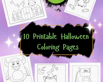 May include: A collection of ten printable Halloween coloring pages. The pages feature various spooky illustrations, including ghosts, monsters, and cats in witch hats. The text "10 Printable Halloween Coloring Pages" and "Instant Download" are visible.