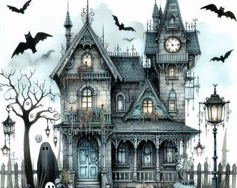 Vintage Haunted House Clipart: Spooky Gothic Halloween PNG JPEG Files (Digital Download)