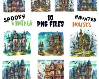 Vintage Haunted House Clipart: Watercolor Halloween PNG Bundle (Digital Download) l Junk Journal Pages