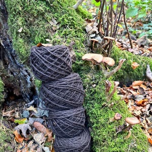 Peut inclure: Une pile de pelotes de fil brun foncé est posée contre un tronc d'arbre recouvert de mousse dans un cadre forestier. Le fil est bien enroulé, et la scène comprend des champignons et des feuilles mortes, suggérant un thème naturel et terreux.