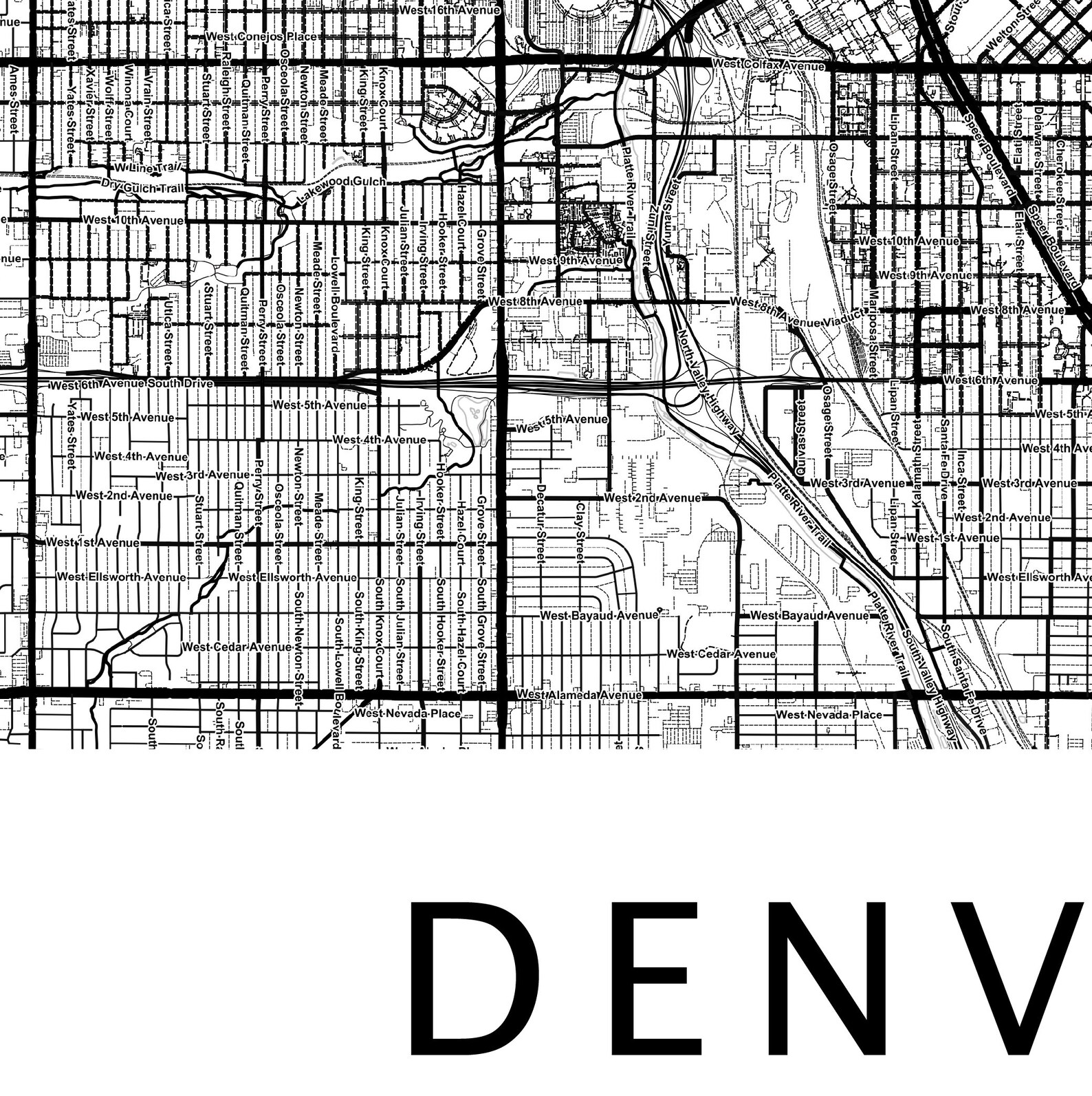 Denver City Map Print With Street Names Denver Road Map | Etsy