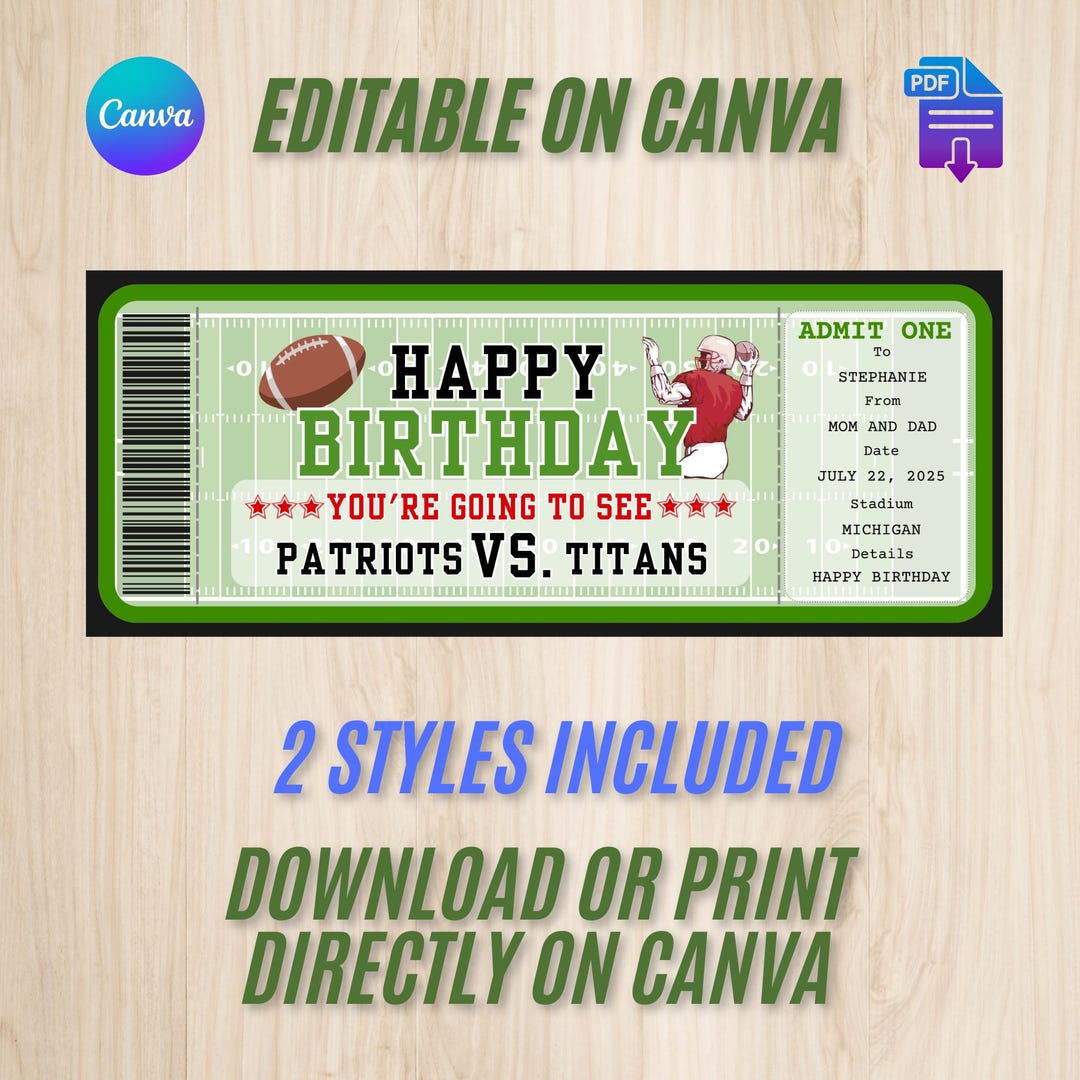Happy Birthday Football Ticket, Printable Football Ticket, Editable ...