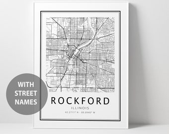 custom city map poster city map wall art decor Personalized black and white digital map download ROCKFORD Illinois IL USA city map print