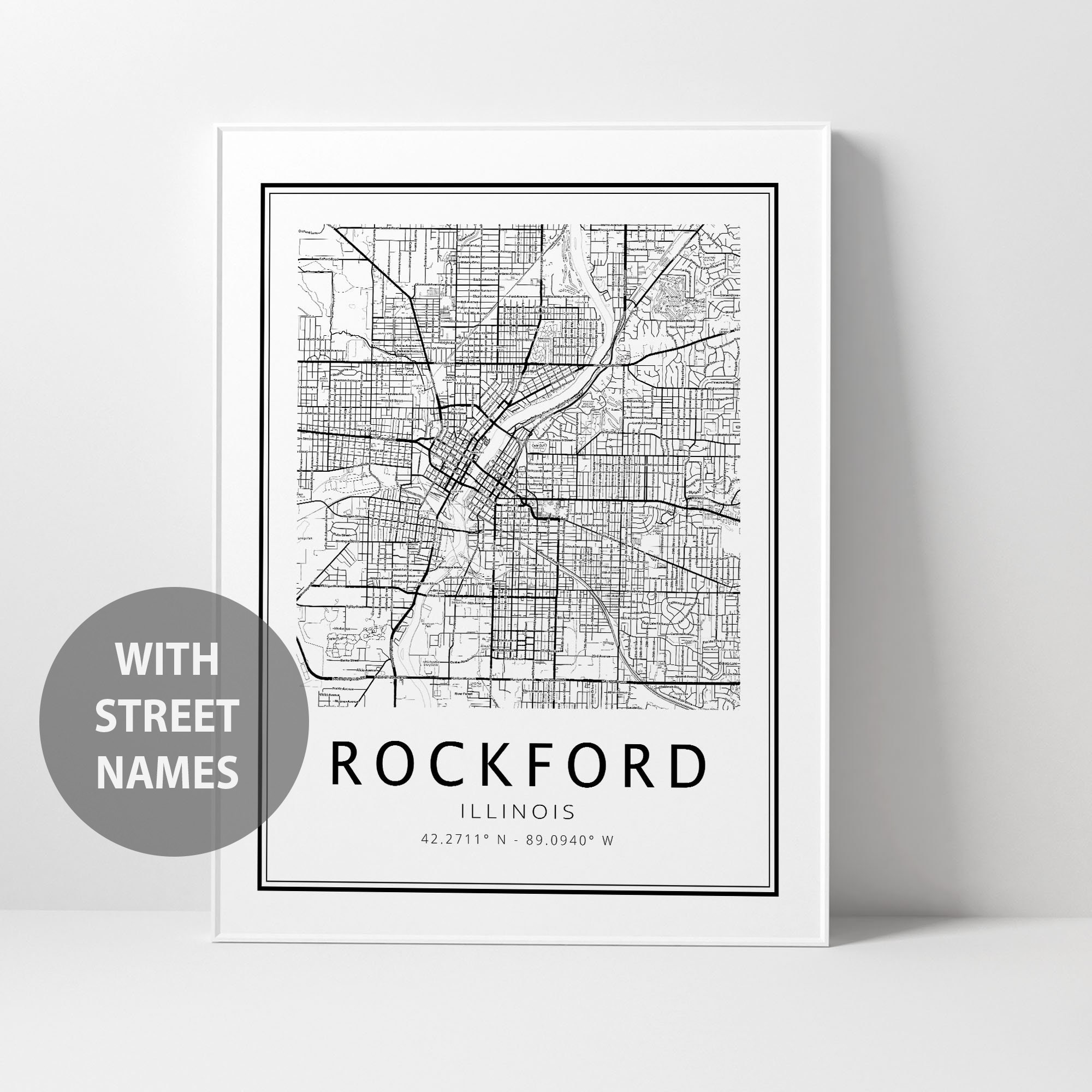 Rockford City Map Print With Street Names Rockford Road Map | Etsy