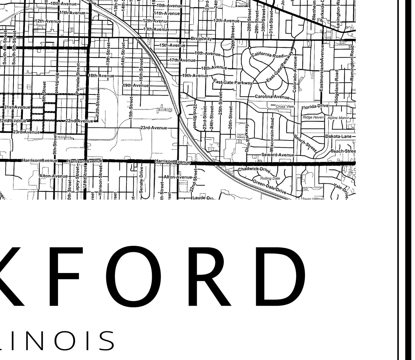 Rockford City Map Print With Street Names Rockford Road Map Etsy
