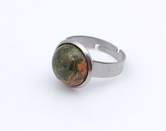 Unakite ring in natural stone and stainless steel