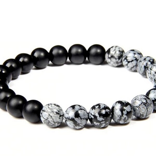 Bracelet perles Onyx et Obsidienne Flocon de neige perles naturelles semi précieuses de 8mm, double protection