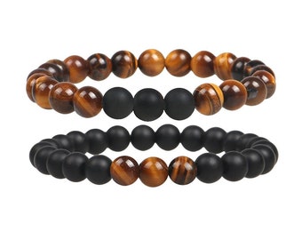 2 Couple distance bracelets - Lucky charm - Matte black Onyx and Tiger's eye - 8mm beads