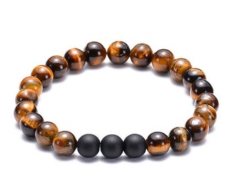 Bracelet Oeil de tigre et Onyx-perles naturelles semi précieuses-double protection