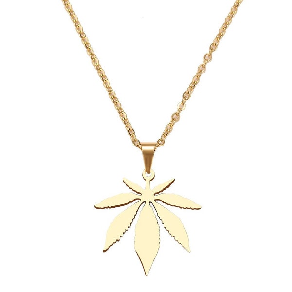 Collier feuille de chanvre en acier inoxydable- collier feuille de cannabis