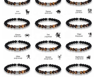 Zodiac sign onyx and tiger eye bracelet