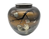 Chokin Vase Japan Vintage-Vintage Japanese Metal Vase Etching-Japanese Brass Chokin Vase-Bird Cherry Blossoms Design-Bronze Silver Inlaid