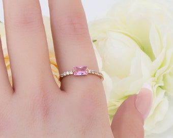 Pink Ring For Women October Birthday Birthstone Ring Gift For Female Friend Dainty Colorful Gemstone CZ Clear Ring Rectangle Baguette Ring