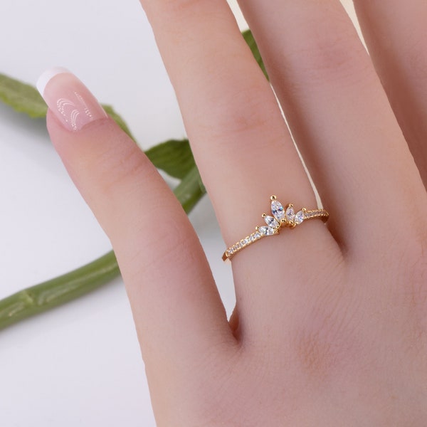 Dainty Crown Ring With Marquise Diamonds Clustered Princess Rapunzel Wedding Crown Ring Tiara Ring Engagement Ring Geek Jewelry Promise ring