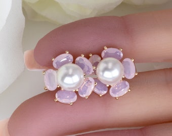 Pink Flower Pearl Earrings Gold Wedding Prom Dressy Jewelry Spring Blossom White Round Pearl Feminine Formal Fashion New Trend Accessory