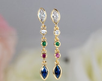 Multicolored Gemstone Drop Dangle Earrings Short Dainty Marquise Bezel Clear Emerald Hot Pink Sapphire CZ Jewelry Prom Wedding LGBTQ Style