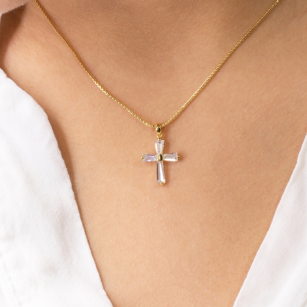 Simple Cross Necklace For Women Baguette Crystal Cubic Zirconia Diamond Cross Pendant Christian Gifts Mothers Day Gifts Cute Cross Necklace