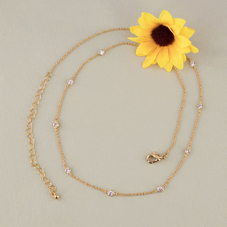 Diamond Station Chain Necklace Gift For Mom Dainty Minimal Delicate Style Layering Cute Everyday Jewelry Women's Prom Graduation Accessory Gold