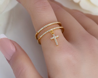 Dangle Ring For Women Cross Charm On Dainty Eternity Rings 14k Gold Silver Diamond Jewelry Christian Birthday Mother's Day Bridesmaids Gift