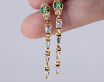 Diamond Snake Drop Earrings Small New Spring Fashion Dangle Jewelry Emerald Baguette Clear Gemstones Sparkly Women's Accessory Gift For Mom