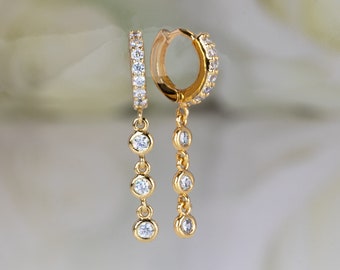 Dainty Diamond Huggies Sparkly Gemstone Drop Dangle Hoop Earrings 10 mm Hoops CZ Gold Silver Mini Tiny Ear Jewelry Prom Wedding Accessory