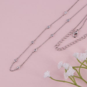 Diamond Station Chain Necklace Gift For Mom Dainty Minimal Delicate Style Layering Cute Everyday Jewelry Women's Prom Graduation Accessory Silver