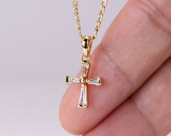 Cross Necklace For Women Diamond Cross Charm Gold Jewelry Gifts For Daughter Small Baguette Cross Pendant Necklace Gift For Christian Church