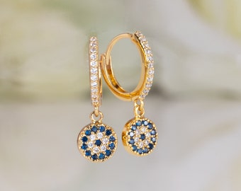 Blue Evil Eye Huggie Hoop Earrings Tiny Small 12mm Sparkly Diamond Ramadan Jewelry Protection Lucky Charm Classic Timeless Style Fashion