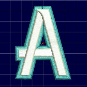 May include: A white felt letter A with a turquoise blue outline. The letter is embroidered with a fuzzy texture.