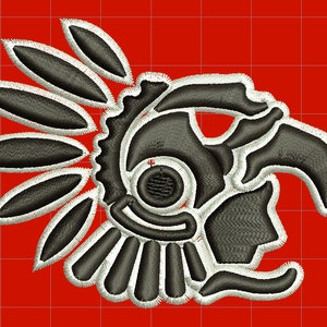 May include: A black and white embroidered design of an Aztec-style eagle head with a feathered headdress. The eagle's beak is open and its eyes are closed.