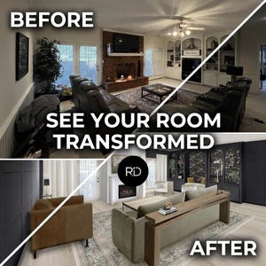 May include: A split-screen comparison showing a living room before and after a renovation. The top section displays a brown leather sofa and brick fireplace. The bottom section features a light green sofa, a wooden console table, and dark walls.
