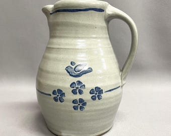 Vintage Farmhouse Style Pitcher - Blue Striped Stoneware Jug
