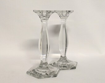 Tall Glass Candlestick Pair - Hexagon Candle Holders