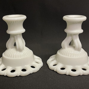 Westmoreland Milk Glass Candle Holders - Open Lace Candlestick Pair