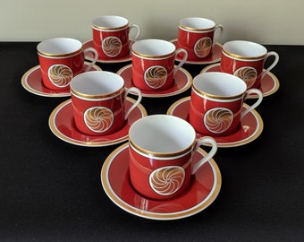 Vintage Fitz and Floyd Coffee Cups: Medaillion d’Or Orange Porcelain, Set of 8