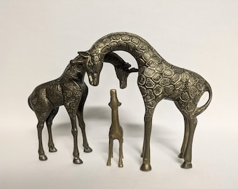 Large Brass Giraffe Figurines - Giraffe Family Set