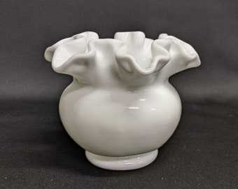 Vintage Fenton Milk Glass Ruffled Bowl - Handkerchief Vase