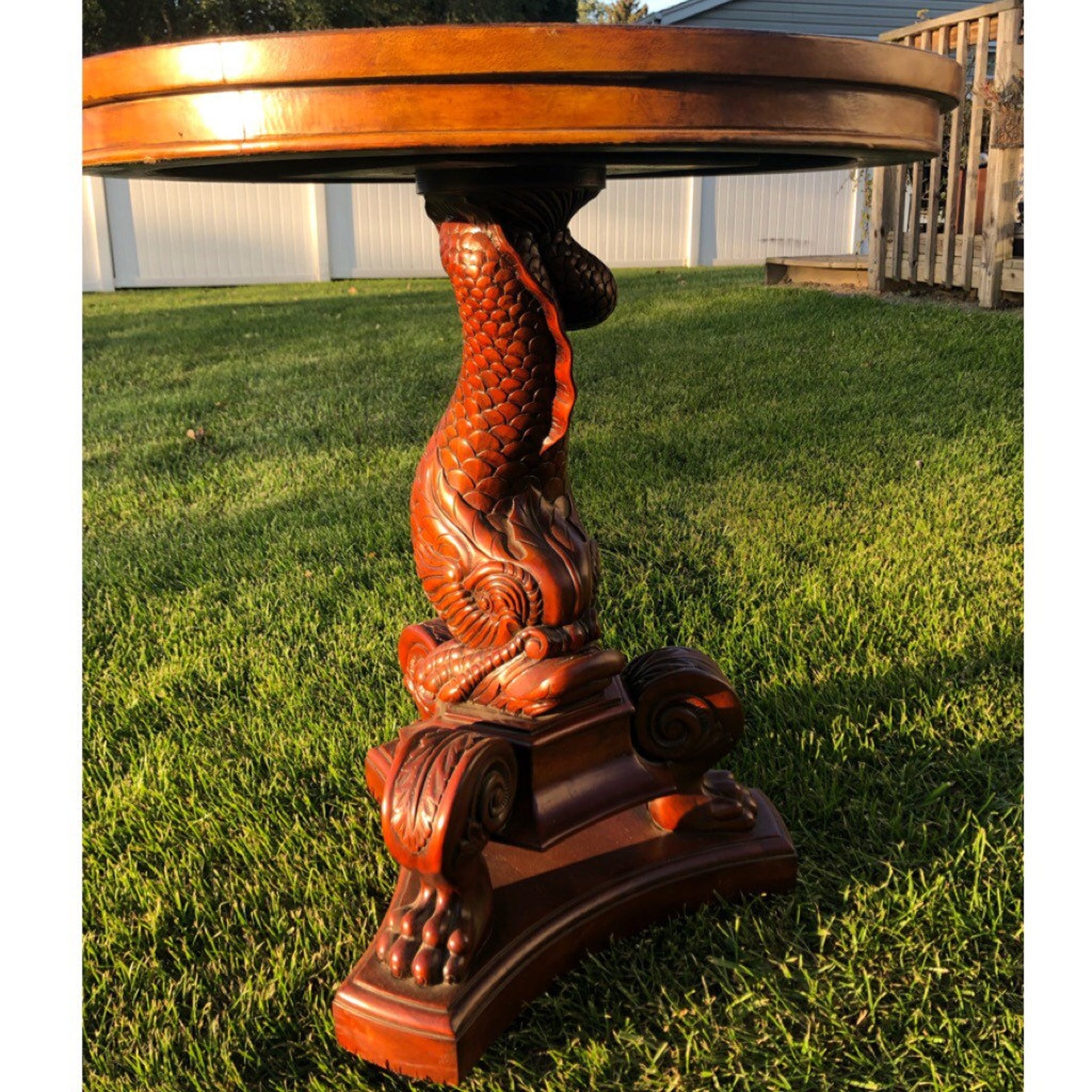 Vintage Carved Koi Fish End Table Leather Top Table Maitland Etsy