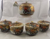 Japanese Satsuma 5 Piece Tea Set, Highly Decorated, Japan, Stamped, Lidded Cups, Superb condition
