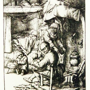 1880 Etching, Adriaen van Ostade (1610 – 1685) Father of the Family, Original Etching, COA, Matted, Framed, Antique, Mint, Rare Image
