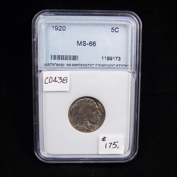 1920, Buffalo Nickel, NNC MS66 Gem Uncirculated, Graded in Holder, American Coin, 5 cent, 5 c, NNC,