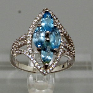 Ring, Blue Topaz, CZ, Rhodium Plated Sterling Silver, Size 9, Real Gemstones