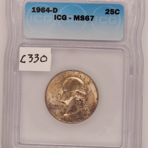 1964 D Washington Silver Quarter, ICG MS67 ,Graded in Holder, American Coin, Gem Uncirculated, Washington, twenty five cents, Silver Quarter
